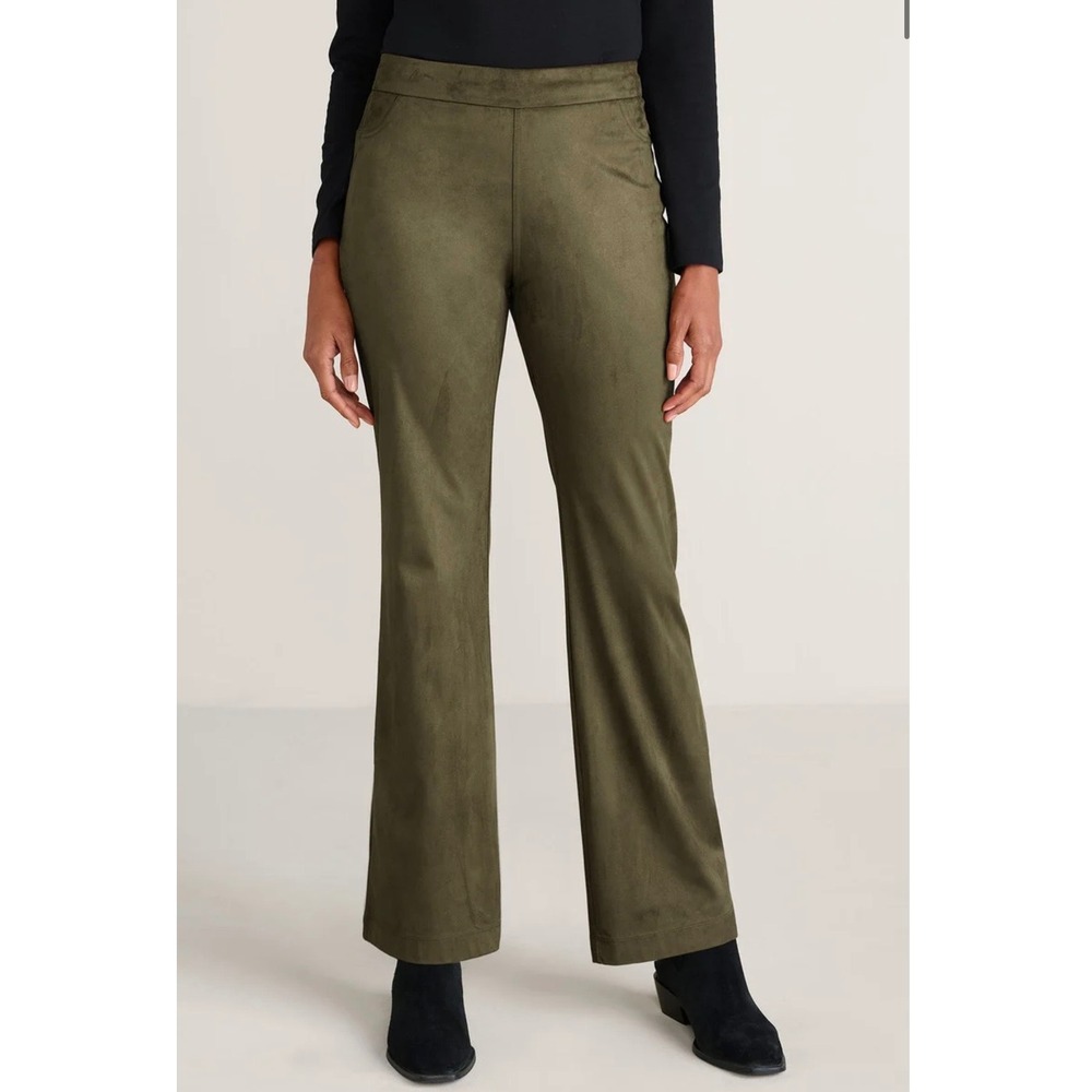 Soft Surroundings Olive Green Faux Suede Bootcut Pants Large Stretch Pull On
